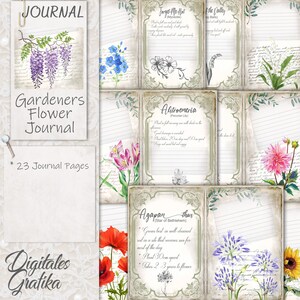 GARDENERS FLOWER JOURNAL Kit | Garden Junk Journal | Pages | Paper | Download | Printable | Flower Journal