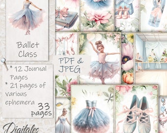 May include: A digital collage of 33 pages of ballet-themed ephemera, including images of ballerinas, ballet shoes, and flowers. The collage is designed for use in a journal or scrapbook. The text "PDF & JPEG" and "Digitales Gratika" is included in the image.