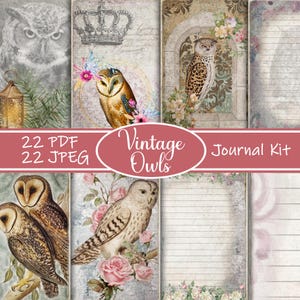 Vintage uilen ongewenste dagboekkit, bosuil afdrukbare efemere verschijnselen, plakboekpagina's vogel, natuurafvaldagboek, digitale uilkit, plakboek uil