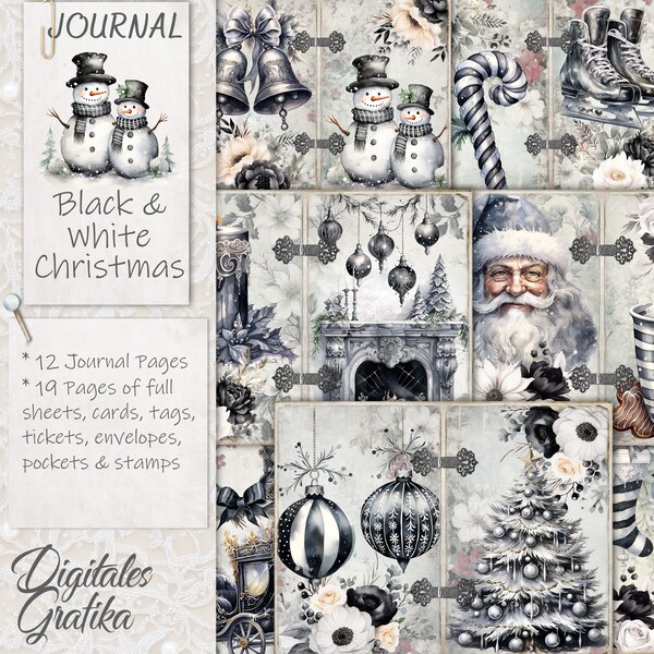 BLACK and WHITE CHRISTMAS Journal Kit, Festive Junk Journal, Journal Pages, Full Sheet, Flowers, Printable, Christmas Paper, Digital Journal