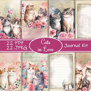 Kit de journal indésirable Cats in Love - Éphémères chats vintage à imprimer, pages de scrapbooking floral romantique, papier créatif numérique pour la Saint-Valentin