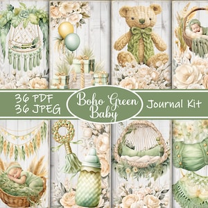 Kit de journal vert bohème pour bébé, carnet de notes pour baby shower, pages de journal, feuille complète, fleurs, imprimable, chambre de bébé verte
