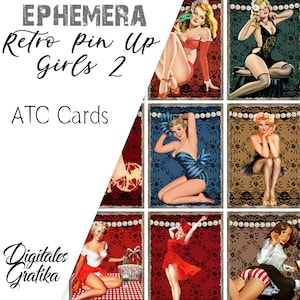 Cartões ATC Pin Up Girls II retrô, coisas efêmeras de diário, coisas efêmeras para impressão, download digital, cartões retrô para meninas, enfeites de álbum de recortes desbotados