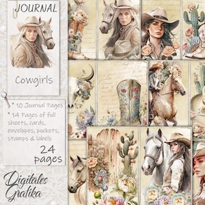 Cowgirl Junk Journal Kit, Western Pages, Cowboy, Pages, Wild West, Flowers, Printable, Horses, Cowboy Boots, Cowgirl Gift