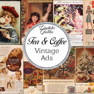 VINTAGE TEA COFFEE Anúncios Cartões de coisas efêmeras, Junk Journal Ephemera, coisas efêmeras para impressão, download digital, café vintage para impressão