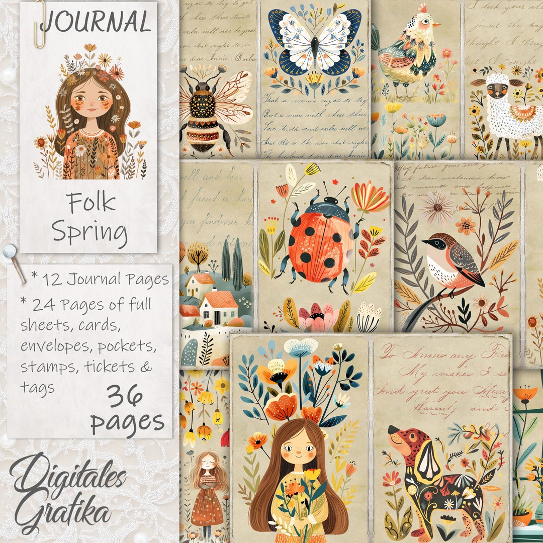 Folk Spring Junk Journal Kit Printable, Scandinavian Floral Ephemera ...