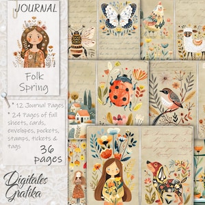FOLK SPRING JOURNAL Kit, carnet printanier rétro, Pages de carnet, feuille complète, fleurs, imprimable, album de scrapbooking scandinave printanier