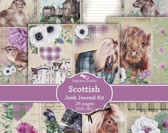 Kit per diario scozzese, materiale effimero vintage scozzese stampabile, pagine collage in tartan delle Highlands