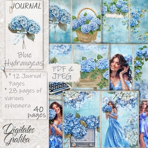 Kit de carnet de notes bleu hortensias, carnet de fleurs, pages de carnet, feuille complète, fleurs, imprimable, album d'hortensias