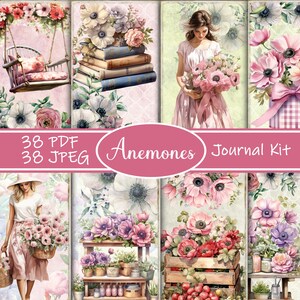 Anemones Junk Journal Kit - Vintage Blumen druckbare Ephemera, antike Blumenseiten, botanische Collage für Scrapbooking, Blumenjournal