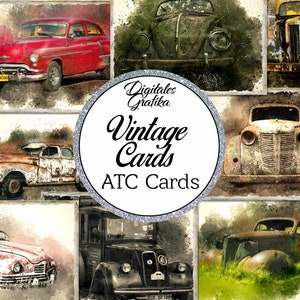 Tarjetas ATC de coches antiguos, Efímera de diario, Efímera imprimible, Descarga digital, Tarjetas de vehículos antiguos, Adornos de álbumes de recortes automáticos