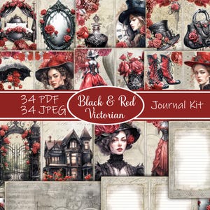 Black & Red Victorian Junk Journal Kit, Printable Digital Download, Vintage Victorian Journal, Red and Black Printable Kit, Victorian Ladies