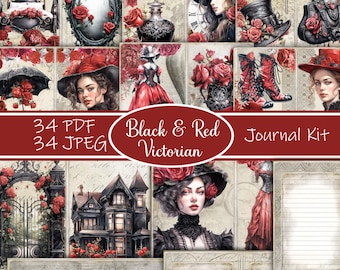 Könnte beinhalten: Ein digitales Collage-Kit mit 34 druckbaren Bildern im PDF- und JPEG-Format. Die Bilder zeigen ein viktorianisches Thema in Schwarz und Rot, darunter eine Frau in einem schwarzen Kleid und roten Rosen, ein Haus mit schwarzem Dach und roten Verzierungen sowie eine Uhr mit römischen Ziffern.