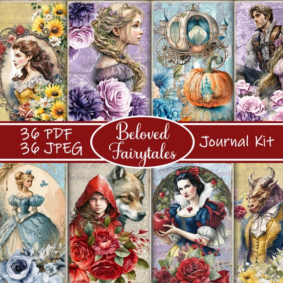 Beloved Fairytales Junk Journal Kit – Printable Princess Ephemera, Fairy Tale Scrapbook Pages, Vintage Storybook Digital Paper