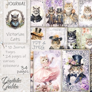 Kit de carnet de bord pour chats victoriens, chats fantastiques, pages de journal intime, feuille complète, fleurs, imprimable, carnet de bordel pour chats fantaisie