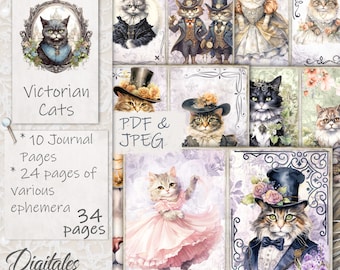 Victorian Cats Junk Journal Kit Printable, Vintage Feline Ephemera, Antique Cat Pages, Digital Download