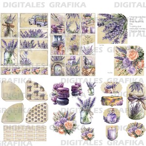 以下が含まれることがあります： ラベンダーをテーマにしたデジタルペーパーパック。パックには、ラベンダーの花、瓶、マカロン、その他のフローラルな要素の画像が含まれています。画像は水彩画のスタイルで、ヴィンテージな雰囲気です。パックには、「Organic Lavender」と「To Fin」と書かれたラベルのセットも含まれています。