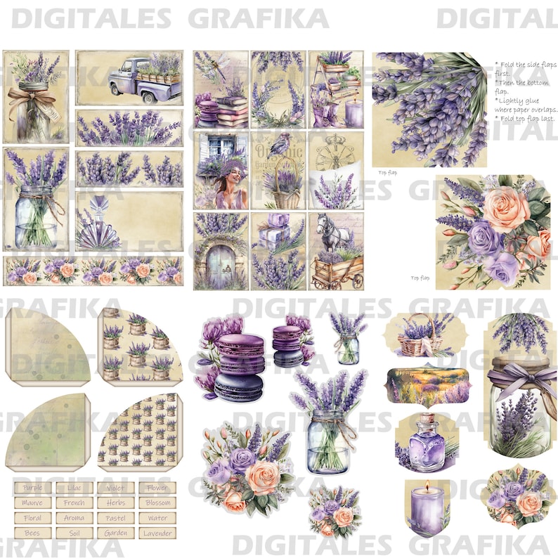 以下が含まれることがあります： ラベンダーをテーマにしたデジタルペーパーパック。パックには、ラベンダーの花、瓶、マカロン、その他のフローラルな要素の画像が含まれています。画像は水彩画のスタイルで、ヴィンテージな雰囲気です。パックには、「Organic Lavender」と「To Fin」と書かれたラベルのセットも含まれています。