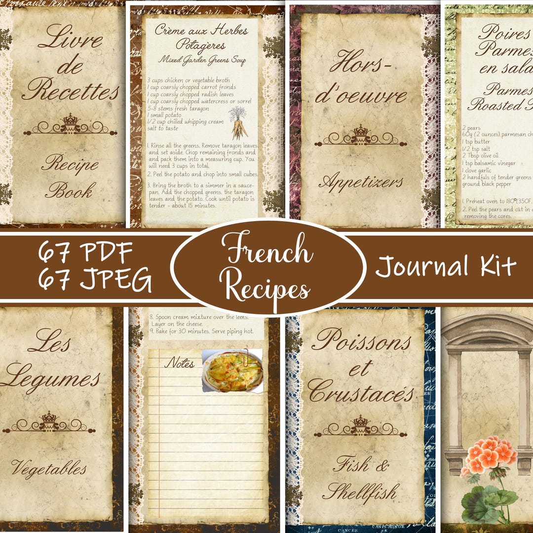 French Recipe Junk Journal Kit - Printable Cooking Ephemera, Vintage ...