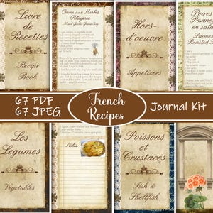 Puede incluir: Un kit de diario imprimible de estilo vintage para recetas francesas. El kit incluye 67 archivos PDF y 67 archivos JPEG. Las páginas presentan un borde de encaje marrón y blanco con un diseño floral. Las páginas están etiquetadas con categorías como "Hors d'œuvre", "Les Legumes", "Poissons et Crustacés" y "Poires Parme en Salade".