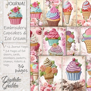 BRODERIE CUPCAKES et kit de carnet crème glacée, carnet de broderies, Pages de carnet, feuille complète, fleurs, imprimable, papiers de loisirs