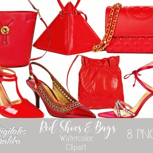 WATERCOLOR RED BAGS and Shoes Fashion Clip Art, Handbag Clip Art, High Heel Shoes Clipart, Watercolor Fashion, Red Shoes, Red Handbags