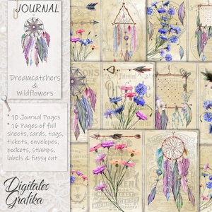 Kit diario Acchiappasogni e fiori selvatici, carte Boho, fiori blu, pagine, fiori, acchiappasogni, stampabile, fiori, frecce
