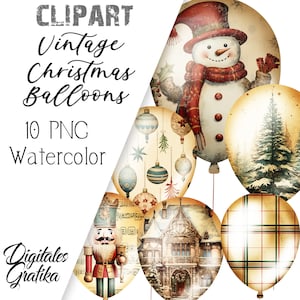 VINTAGE CHRISTMAS BALLOONS Watercolor Clip Art , Christmas Clip Art, Balloon Clip Art, Commercial Clip Art, Watercolor Christmas