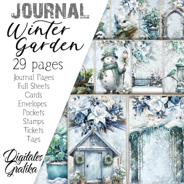 WINTER GARDEN JOURNAL Kit, Winter Junk Journal, Journal Pages, Full Sheet, Flowers, Printable, Winter Plants Paper