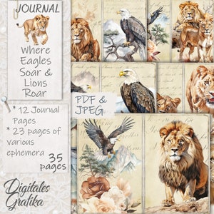 Dove le aquile volano e i leoni ruggiscono Kit diario spazzatura, diario spazzatura vintage, pagine di diario, foglio intero, fiori, stampabile, carta animale