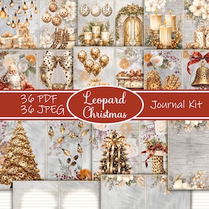 May include: A digital collage kit featuring 36 images in both PDF and JPEG formats. The images feature a Christmas theme with a leopard print design. The images include a variety of elements, such as ornaments, trees, lights, and gifts. The kit is perfect for creating digital scrapbook pages, cards, and other crafts.