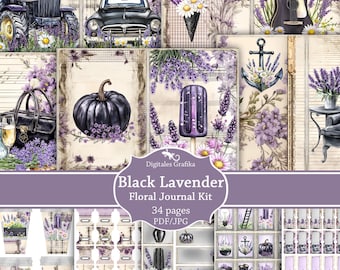 May include: A digital art collection with a black and purple lavender theme. Illustrations include a tractor, car, guitar, pumpkin, and ice pop. The text reads "Black Lavender Floral Journal Kit". The collection contains 34 pages.