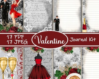 Può includere: Un kit di diario digitale per San Valentino con 17 pagine stampabili. Le pagine presentano uno schema di colori rosso e bianco in stile vintage. Le pagine includono immagini di rose, champagne e una donna con un vestito rosso.