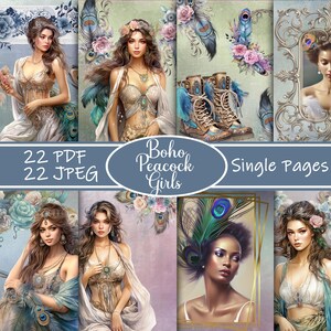 Boho Peacock Girls Journal Seiten - Druckbare Vintage Ephemera, Florales Scrapbook Papier, Boho Digital Art, Junk Journal Einzelseiten