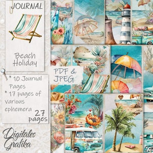 Beach Holiday Junk Journal Kit, Vacation Junk Journal, Pages, Envelopes, Paper, Download, Printable, Holiday, Beach