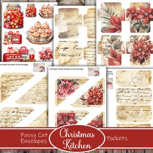 May include: Printable Christmas Kitchen themed envelopes and pockets. The printable sheets feature a vintage style with handwritten script, poinsettia flowers, and a red and white candy cane design.