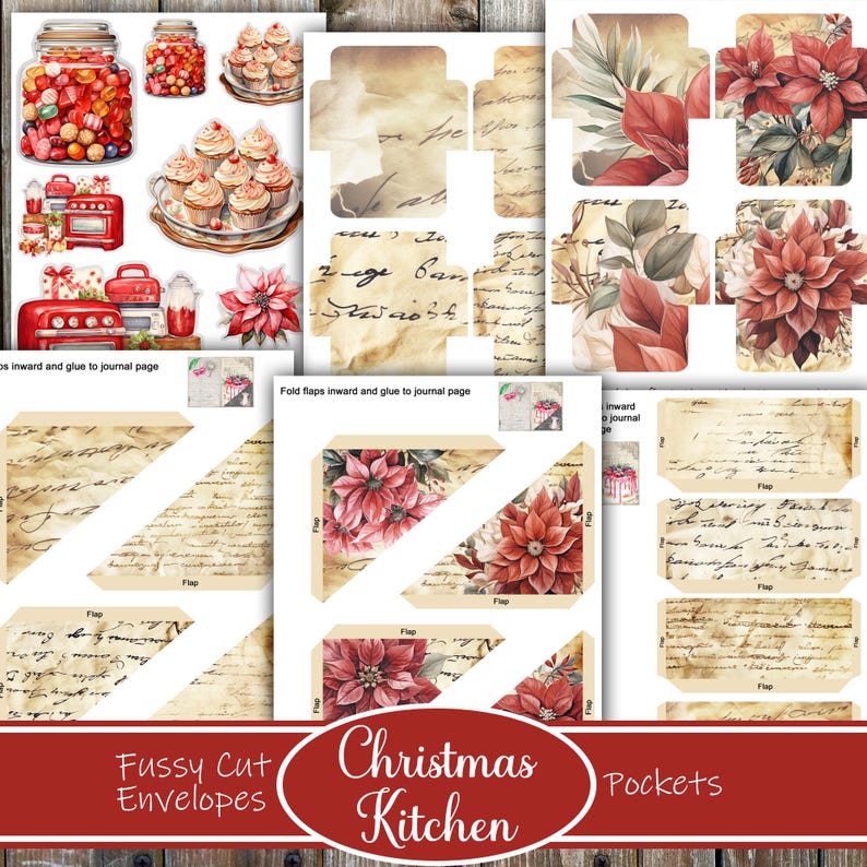 May include: Printable Christmas Kitchen themed envelopes and pockets. The printable sheets feature a vintage style with handwritten script, poinsettia flowers, and a red and white candy cane design.
