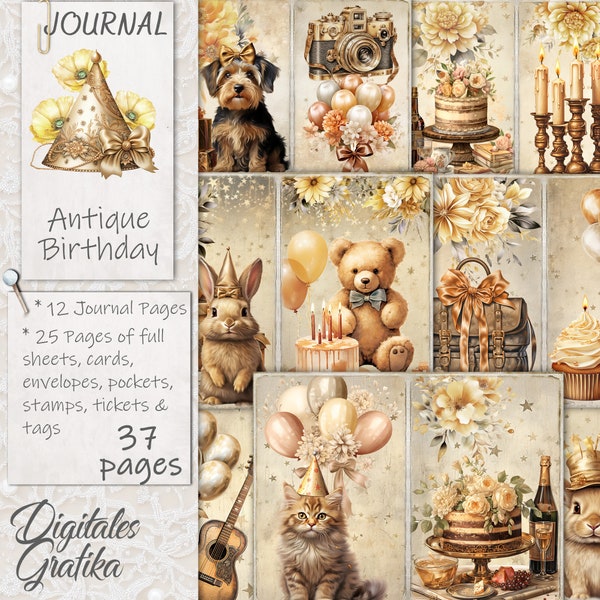 Kit de JOURNAL D'ANNIVERSAIRE ANTIQUE, journal indésirable anniversaire or, pages de journal, feuille complète, journal indésirable vintage, imprimable, journal antique