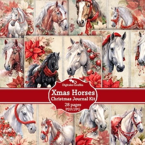 Christmas Horses Junk Journal Kit Printable, Festive Equestrian Ephemera, Vintage Holiday Pages, Digital Download