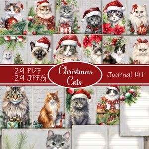 Kit de diario basura de gatos navideños, diario basura festivo, páginas de diario, hoja completa, flores, imprimible, papel de gatos navideños