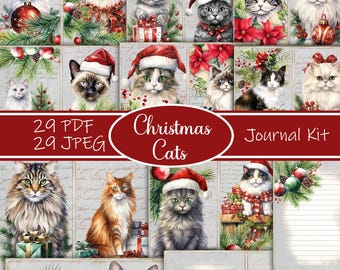 May include: A digital journal kit featuring watercolor illustrations of cats wearing Santa hats and festive decorations. The text "Christmas Cats" is displayed on a red oval. Includes 29 PDF and 29 JPEG files.