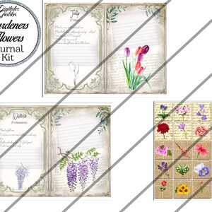 May include: A printable journal kit with a vintage aesthetic featuring watercolor illustrations of flowers, including tulips, wisteria, and other blooms. The kit includes pages with lined spaces for journaling and decorative elements.
