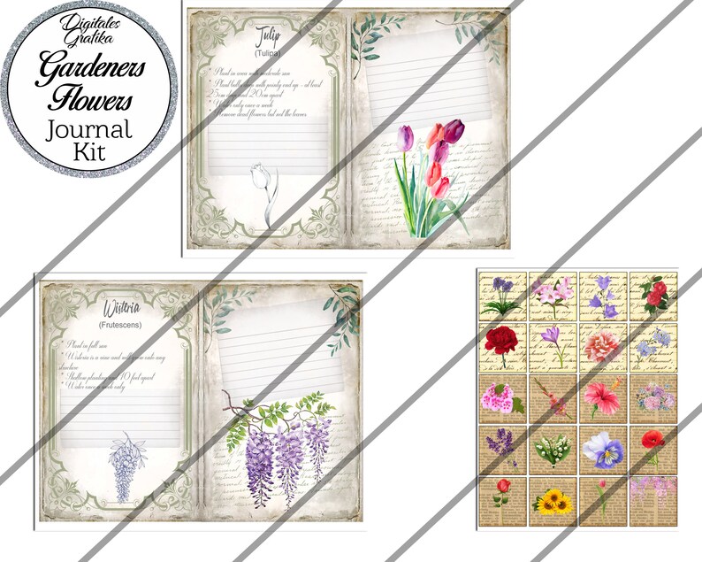 May include: A printable journal kit with a vintage aesthetic featuring watercolor illustrations of flowers, including tulips, wisteria, and other blooms. The kit includes pages with lined spaces for journaling and decorative elements.