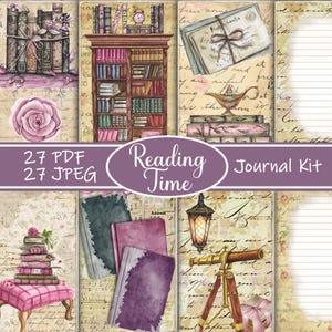 Reading Time Junk Journal Kit - Library-Themed Printable Pages, Book Lover Ephemera, Digital Journal Kit, Cozy Book Scrapbook