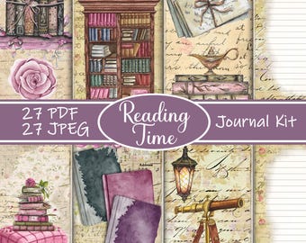 Reading Time Junk Journal Kit - Library-Themed Printable Pages, Book Lover Ephemera, Digital Journal Kit, Cozy Book Scrapbook