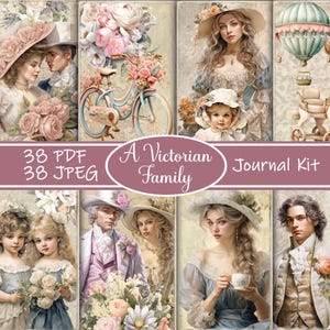 Een Victoriaanse familie-junkjournaalkit – vintage afdrukbare ephemera, antiek familiepapier, plakboekpagina's jaren 1800 voor journaling