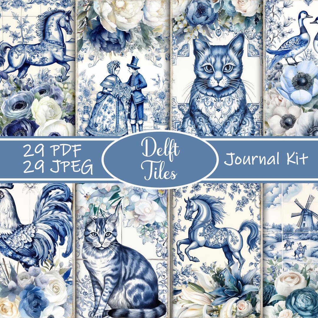 Delft Tiles Junk Journal Kit, Blue and White Printable Ephemera ...