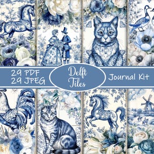 Delft Blue Tiles Junk Journal Kit: Vintage Dutch Scrapbook Paper (Digital Download)