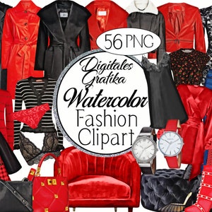 WASSERFARBE FASHION CLIPART Schwarz und Rot, Mode Clipart, Designer Clip Art, Planer Clip Art, kommerzielle Clipart, Aquarell Kleidung