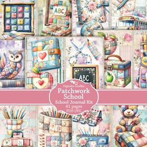 Patchwork School Junk Journal Kit, Vintage Printable Ephemera, Back to School Scrapbook